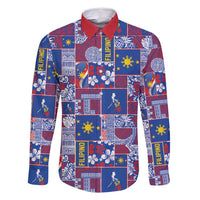 Filipino Maligayang Pasko Family Matching Tank Maxi Dress and Hawaiian Shirt Pacific Patchwork Xmas Vibes LT9 Dad's Shirt - Long Sleeve Blue - Polynesian Pride