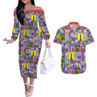 New Caledonia Joyeux Noel Couples Matching Off The Shoulder Long Sleeve Dress and Hawaiian Shirt Pacific Patchwork Xmas Vibes - Polynesian Pride