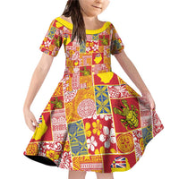 Niue Monuina e Kilisimasi Family Matching Off Shoulder Short Dress and Hawaiian Shirt Pacific Patchwork Xmas Vibes LT9 Daughter's Dress Yellow - Polynesian Pride