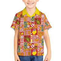 Niue Monuina e Kilisimasi Family Matching Off Shoulder Short Dress and Hawaiian Shirt Pacific Patchwork Xmas Vibes LT9 Son's Shirt Yellow - Polynesian Pride