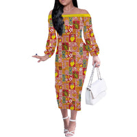 Niue Monuina e Kilisimasi Off The Shoulder Long Sleeve Dress Pacific Patchwork Xmas Vibes - Polynesian Pride