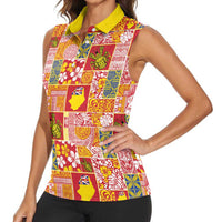 Niue Monuina e Kilisimasi Women Sleeveless Polo Shirt Pacific Patchwork Xmas Vibes - Polynesian Pride