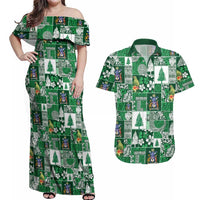 Norfolk Island Meri Krismas Couples Matching Off Shoulder Maxi Dress and Hawaiian Shirt Pacific Patchwork Xmas Vibes LT9 Green - Polynesian Pride