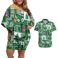 Norfolk Island Meri Krismas Couples Matching Off Shoulder Short Dress and Hawaiian Shirt Pacific Patchwork Xmas Vibes LT9 Green - Polynesian Pride