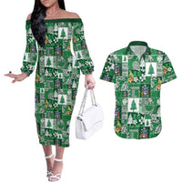 Norfolk Island Meri Krismas Couples Matching Off The Shoulder Long Sleeve Dress and Hawaiian Shirt Pacific Patchwork Xmas Vibes LT9 Green - Polynesian Pride