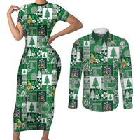 Norfolk Island Meri Krismas Couples Matching Short Sleeve Bodycon Dress and Long Sleeve Button Shirt Pacific Patchwork Xmas Vibes LT9 Green - Polynesian Pride