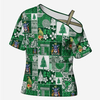 Norfolk Island Meri Krismas Cross Shoulder Shirt Pacific Patchwork Xmas Vibes - Polynesian Pride