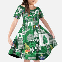 Norfolk Island Meri Krismas Family Matching Off Shoulder Maxi Dress and Hawaiian Shirt Pacific Patchwork Xmas Vibes LT9 Daughter's Dress Green - Polynesian Pride