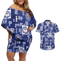 Northern Mariana Islands Magof Nochebuena Couples Matching Off Shoulder Short Dress and Hawaiian Shirt Pacific Patchwork Xmas Vibes - Polynesian Pride