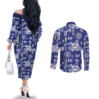 Northern Mariana Islands Magof Nochebuena Couples Matching Off The Shoulder Long Sleeve Dress and Long Sleeve Button Shirt Pacific Patchwork Xmas Vibes - Polynesian Pride