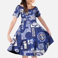 Northern Mariana Islands Magof Nochebuena Kid Short Sleeve Dress Pacific Patchwork Xmas Vibes LT9 KID Blue - Polynesian Pride