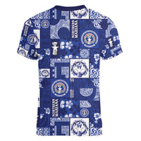 Northern Mariana Islands Magof Nochebuena Women V-Neck T-Shirt Pacific Patchwork Xmas Vibes - Polynesian Pride