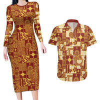 Rotuma Faiakse'ea 'e Kirisimasi Couples Matching Long Sleeve Bodycon Dress and Hawaiian Shirt Pacific Patchwork Xmas Vibes LT9 Red - Polynesian Pride