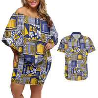 Tokelau Manuia te Kilihimahi Couples Matching Off Shoulder Short Dress and Hawaiian Shirt Pacific Patchwork Xmas Vibes LT9 Blue - Polynesian Pride