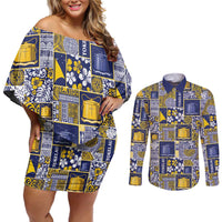 Tokelau Manuia te Kilihimahi Couples Matching Off Shoulder Short Dress and Long Sleeve Button Shirt Pacific Patchwork Xmas Vibes - Polynesian Pride
