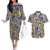 Tokelau Manuia te Kilihimahi Couples Matching Off The Shoulder Long Sleeve Dress and Hawaiian Shirt Pacific Patchwork Xmas Vibes LT9 Blue - Polynesian Pride