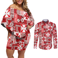 Wallis Et Futuna Kilisimasi Fiefia Couples Matching Off Shoulder Short Dress and Long Sleeve Button Shirt Pacific Patchwork Xmas Vibes LT9 Red - Polynesian Pride