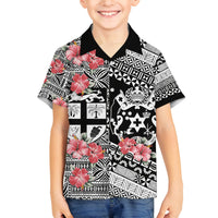 Fiji Tonga Coat of Arm Personalised Family Matching Off Shoulder Long Sleeve Dress and Hawaiian Shirt With Masi Tapa and Tongan Ngatu Together LT9 Son's Shirt Black - Polynesian Pride