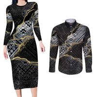 Polynesian Tribal Tattoo Couples Matching Long Sleeve Bodycon Dress and Long Sleeve Button Shirt Dark Marble Pattern