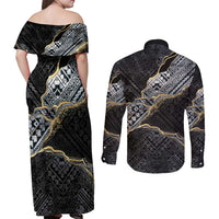 Polynesian Tribal Tattoo Couples Matching Off Shoulder Maxi Dress and Long Sleeve Button Shirt Dark Marble Pattern