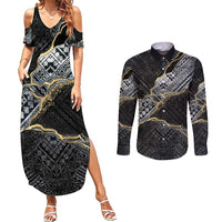 Polynesian Tribal Tattoo Couples Matching Summer Maxi Dress and Long Sleeve Button Shirt Dark Marble Pattern