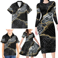Polynesian Tribal Tattoo Family Matching Long Sleeve Bodycon Dress and Hawaiian Shirt Dark Marble Pattern LT9 - Polynesian Pride