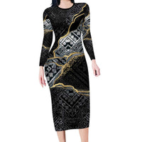 Polynesian Tribal Tattoo Family Matching Long Sleeve Bodycon Dress and Hawaiian Shirt Dark Marble Pattern LT9 Mom's Dress Black - Polynesian Pride