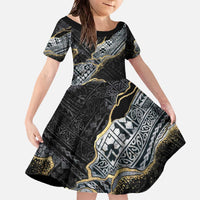 Polynesian Tribal Tattoo Family Matching Off The Shoulder Long Sleeve Dress and Hawaiian Shirt Dark Marble Pattern