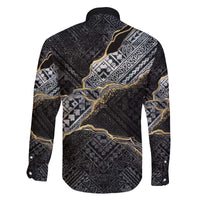 Polynesian Tribal Tattoo Family Matching Off The Shoulder Long Sleeve Dress and Hawaiian Shirt Dark Marble Pattern
