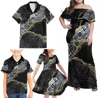 Polynesian Tribal Tattoo Family Matching Off Shoulder Maxi Dress and Hawaiian Shirt Dark Marble Pattern LT9 - Polynesian Pride