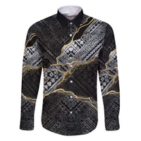Polynesian Tribal Tattoo Family Matching Off Shoulder Short Dress and Hawaiian Shirt Dark Marble Pattern LT9 Dad's Shirt - Long Sleeve Black - Polynesian Pride