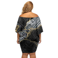 Polynesian Tribal Tattoo Family Matching Off Shoulder Short Dress and Hawaiian Shirt Dark Marble Pattern LT9 - Polynesian Pride