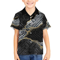 Polynesian Tribal Tattoo Family Matching Off Shoulder Short Dress and Hawaiian Shirt Dark Marble Pattern LT9 Son's Shirt Black - Polynesian Pride