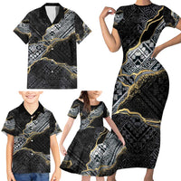 Polynesian Tribal Tattoo Family Matching Short Sleeve Bodycon Dress and Hawaiian Shirt Dark Marble Pattern LT9 - Polynesian Pride