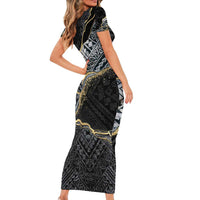 Polynesian Tribal Tattoo Family Matching Short Sleeve Bodycon Dress and Hawaiian Shirt Dark Marble Pattern LT9 - Polynesian Pride