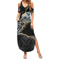 Polynesian Tribal Tattoo Family Matching Summer Maxi Dress and Hawaiian Shirt Dark Marble Pattern LT9 Mom's Dress Black - Polynesian Pride