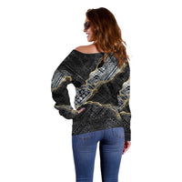 Polynesian Tribal Tattoo Off Shoulder Sweater Dark Marble Pattern