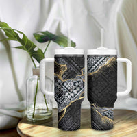 Polynesian Tribal Tattoo Tumbler With Handle Dark Marble Pattern