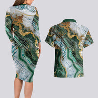 Polynesian Tribal Tattoo Couples Matching Long Sleeve Bodycon Dress and Hawaiian Shirt Green Marble Pattern LT9 - Polynesian Pride