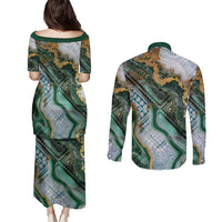 Polynesian Tribal Tattoo Couples Matching Puletasi and Long Sleeve Button Shirt Green Marble Pattern