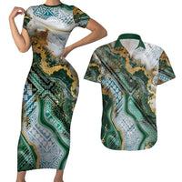 Polynesian Tribal Tattoo Couples Matching Short Sleeve Bodycon Dress and Hawaiian Shirt Green Marble Pattern LT9 Green - Polynesian Pride
