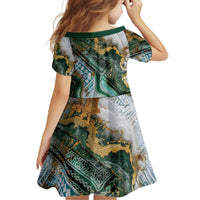 Polynesian Tribal Tattoo Family Matching Off The Shoulder Long Sleeve Dress and Hawaiian Shirt Green Marble Pattern
