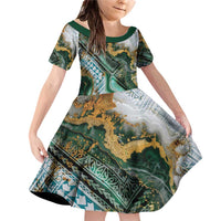 Polynesian Tribal Tattoo Family Matching Off Shoulder Short Dress and Hawaiian Shirt Green Marble Pattern LT9 Daughter's Dress Green - Polynesian Pride
