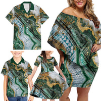 Polynesian Tribal Tattoo Family Matching Off Shoulder Short Dress and Hawaiian Shirt Green Marble Pattern LT9 - Polynesian Pride