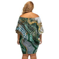 Polynesian Tribal Tattoo Family Matching Off Shoulder Short Dress and Hawaiian Shirt Green Marble Pattern LT9 - Polynesian Pride