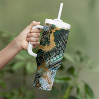 Polynesian Tribal Tattoo Tumbler With Handle Green Marble Pattern