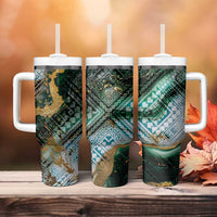 Polynesian Tribal Tattoo Tumbler With Handle Green Marble Pattern