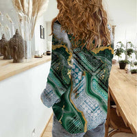 Polynesian Tribal Tattoo Women Casual Shirt Green Marble Pattern LT9 - Polynesian Pride