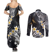 Polynesian Tribal Tattoo Couples Matching Summer Maxi Dress and Long Sleeve Button Shirt Plumeria Black Gold Marble Pattern LT9 - Polynesian Pride