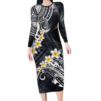Polynesian Tribal Tattoo Family Matching Long Sleeve Bodycon Dress and Hawaiian Shirt Plumeria Black Gold Marble Pattern LT9 Mom's Dress Black - Polynesian Pride